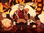  1boy arcanine centiskorch closed_mouth collared_shirt commentary dynamax_band frown gloves grey_hair kabu_(pokemon) male_focus multicolored_hair ninetales pokemon pokemon_(creature) pokemon_(game) pokemon_swsh red_socks shirt shoes short_hair short_sleeves shorts single_glove sitting sizzlipede socks ssalbulre torkoal towel towel_around_neck two-tone_hair 