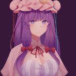  1girl ariichurro bangs blue_ribbon blush bow bowtie capelet closed_mouth crescent crescent_hat_ornament double_bun dress hair_bow hair_bun hat hat_ornament hat_ribbon highres long_hair looking_at_viewer mob_cap patchouli_knowledge pink_capelet pink_headwear purple_background purple_dress purple_hair red_bow red_bowtie red_ribbon ribbon short_sleeves simple_background solo striped striped_dress touhou upper_body violet_eyes 