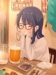  1girl bangs beer_mug black_hair blush closed_eyes commentary_request cup glasses hands_on_own_chin head_rest highres indoors long_sleeves mug original retsumaru shirt sitting smile solo table teeth white_shirt 