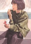  1girl absurdres black_eyes black_hair black_pants commentary_request eating food french_fries gemi green_jacket highres holding holding_food jacket long_sleeves original outdoors pants short_hair sitting solo 