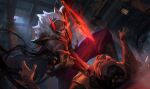  2boys alternate_costume aura baggy_pants bald biceps blood_moon_pyke blurry blurry_background coat coat_lift covered_mouth dark-skinned_male dark_skin feet_out_of_frame fighting gauntlets glowing glowing_eyes glowing_weapon highres horns knife league_of_legends looking_at_another male_focus manly mask mature_male moonlight multiple_boys muscular muscular_male night official_art pants pyke_(league_of_legends) shoulder_pads thick_arms viktortitov weapon wood 