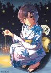  1girl antenna_hair artist_name black_eyes black_hair blush closed_mouth commentary fireflies fireworks flower foliage full_body hair_flower hair_ornament hand_fan hand_on_lap highres holding_fireworks idolmaster japanese_clothes kikuchi_makoto kimono looking_at_viewer night night_sky paper_fan purple_flower senkou_hanabi shaded_face short_hair sky smile solo sparkler squatting star_(sky) starry_sky takatsuki_p toes translated twitter_username white_kimono yukata zouri 