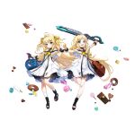  2girls :q absurdres ahoge bag bare_shoulders blonde_hair candy chocolate chocolate_bar counter:side eins_(counter:side) fang food hair_ornament hairclip highres holding_hands long_hair looking_at_viewer multiple_girls o-ring official_art siblings skin_fang sweets sword tachi-e toeless_footwear tongue tongue_out transparent_background twins weapon zwei_(counter:side) 