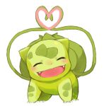  ^_^ alternate_color animal_focus blush bulbasaur claws closed_eyes commentary english_commentary facing_viewer fangs full_body green_theme happy heart no_humans nose_blush open_mouth plant pokemon pokemon_(creature) puddingx2 shiny_pokemon simple_background smile solo standing vines white_background 