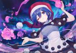  1girl ;3 ainy bangs black_dress blue_eyes blue_hair book breasts closed_mouth doremy_sweet dream_soul dress eyelashes hair_between_eyes hat long_hair looking_at_viewer medium_breasts nightcap one_eye_closed pom_pom_(clothes) red_headwear short_hair short_sleeves smile solo tail tapir_tail touhou turtleneck two-tone_dress white_dress 