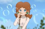  1girl alternate_costume brown_hair bubble bubble_blowing chocomiru crown crown_removed earrings eyebrows_hidden_by_hair jewelry non-web_source princess_daisy sky solo source_request super_mario_bros. sweater tiara_removed turtleneck turtleneck_sweater upper_body 