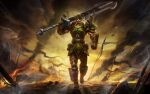  1boy armor bad_source bag battle battlefield belt biceps clenched_hands clouds cloudy_sky commando_jarvan_iv facial_tattoo fire flag gauntlets gun hat highres jarvan_iv_(league_of_legends) knife league_of_legends leg_armor long_sword male_focus manly mature_male muscular muscular_male official_art polearm shoulder_armor shoulder_pads sky smoke solo spear sunglasses sunset sword tattoo thick_arms weapon zhang_ji 