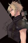  1boy armor belt black_background blonde_hair blue_eyes blue_shirt buster_sword character_name cloud_strife crow_illust earrings final_fantasy final_fantasy_vii final_fantasy_vii_remake grey_background highres jewelry looking_to_the_side male_focus muscular muscular_male shirt short_hair shoulder_armor signature single_earring sleeveless sleeveless_turtleneck solo spiky_hair suspenders turtleneck two-tone_background upper_body weapon weapon_on_back 