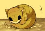  animal_focus black_eyes blank_eyes blush claws commentary defense_curl_(pokemon) english_commentary full_body light_blush looking_at_viewer motion_lines no_humans pokemon pokemon_(creature) pokemon_move puddingx2 sandshrew simple_background solo yellow_background yellow_theme 