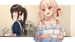  2girls :d amdms bangs black_hair blonde_hair blue_dress blush bob_cut collarbone collared_shirt dress grey_dress hair_ribbon highres holding holding_plate indoors inoue_takina long_hair lycoris_recoil lycoris_uniform multiple_girls nishikigi_chisato open_mouth plate red_eyes red_ribbon ribbon school_uniform shirt short_hair short_sleeves smile teeth two-tone_dress upper_body upper_teeth violet_eyes white_shirt 