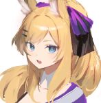  1girl animal_ear_fluff animal_ears arknights bangs blonde_hair blue_eyes collarbone fang hair_ornament hair_ribbon hairclip highres horse_ears long_hair looking_at_viewer nagute open_mouth ponytail purple_ribbon ribbon simple_background solo thick_eyebrows upper_body whislash_(arknights) whislash_(glory_purple)_(arknights) white_background 
