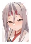  1girl blush border brown_eyes commentary_request grey_hair hachimaki hair_between_eyes headband highres japanese_clothes kantai_collection long_hair looking_at_viewer muneate nose_blush parted_lips ponytail portrait sakieko simple_background solo white_border zuihou_(kancolle) 