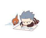  1boy aged_down blue_hair commentary crayon cyrus_(pokemon) grey_eyes holding holding_crayon long_sleeves looking_down male_focus no_mouth paper pokemon pokemon_(creature) pokemon_(game) pokemon_dppt rotom rotom_(normal) shirt shoes short_hair simple_background ssalbulre vest white_background writing 