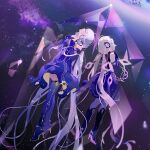  2girls crossed_legs dark_persona dual_persona gem grey_hair hands_on_own_chest legs_apart lirseven minus_(synthesizer_v) multiple_girls quartz_(gemstone) synthesizer_v twintails vocaloid xingchen 