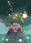  blue_eyes blush blush_stickers falling_star holding kirby kirby_(series) leaf looking_up mutekyan night no_humans ocean parted_lips sitting_on_rock star_(symbol) 