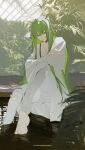  1other androgynous bangs barefoot closed_mouth enkidu_(fate) expressionless fate/grand_order fate_(series) green_eyes green_hair highres k00s light_green_hair long_hair long_sleeves looking_at_viewer no_shoes pants robe sitting solo toga very_long_hair white_pants white_robe 