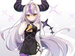  1girl ahoge black_dress contrapposto cowboy_shot demon_girl demon_horns demon_tail detached_sleeves dress grey_hair highres hololive horns la+_darknesss long_hair multicolored_hair nkgmgs o-ring pointy_ears purple_hair single_thighhigh solo sparkle streaked_hair striped_horns tail thigh-highs very_long_hair virtual_youtuber yellow_eyes 