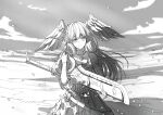  1girl absurdres curly_hair dress head_wings highres holding holding_sword holding_weapon long_hair melia_antiqua monado_rex monochrome poteto_(potetosarada123) smile sword tears weapon wind xenoblade_chronicles_(series) xenoblade_chronicles_1 xenoblade_chronicles_3 