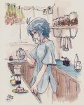  1girl antenna_hair black_hair cake coffee coffee_grinder coffee_maker_(object) coffee_pot food highres idolmaster idolmaster_million_live! indoors ishigoromo kikuchi_makoto kitchen painting_(medium) profile short_hair signature smile solo standing traditional_media watercolor_(medium) windows 