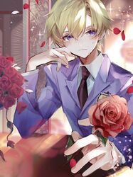  1boy absurdres bishounen blonde_hair blush facing_viewer flower highres long_sleeves looking_to_the_side male_focus ouran_high_school_host_club petals red_flower rose school_uniform short_hair solo suou_tamaki sweatdrop table u-sama_(u_summer0719) violet_eyes 