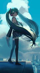  1girl absurdres aqua_eyes aqua_hair aqua_necktie bangs black_footwear black_thighhighs breasts city clouds cloudy_sky collared_shirt detached_sleeves full_body grey_shirt hair_between_eyes hatsune_miku headset highres holding holding_paper long_hair looking_at_viewer necktie open_mouth outdoors paper pleated_skirt rooftop shirt skirt sky sleeveless sleeveless_shirt small_breasts solo standing thigh-highs torino_kawazu twintails vocaloid 