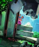  abandoned bandana bandana_waddle_dee building bush city concrete day elfilin flower grass highres kirby kirby_(series) kirby_and_the_forgotten_land leaf looking_to_the_side open_mouth outdoors rock scenery sky solo suyasuyabi 
