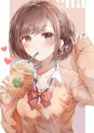  1girl bangs blush bow bowtie brown_cardigan brown_eyes brown_hair cardigan collarbone cup disposable_cup drink drinking drinking_straw_in_mouth highres holding holding_cup holding_drink long_sleeves looking_at_viewer namamake project_sekai red_bow red_bowtie shinonome_ena shirt short_hair solo white_shirt 