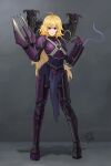  1girl absurdres ahoge armor blonde_hair chaos_(warhammer) claws colored_tongue commission crossover fleur_de_lis gauntlets highres long_hair papercroft power_armor purple_tongue rwby slaanesh slaanesh_(symbol) solo thigh-highs violet_eyes warhammer_40k wavy_hair yang_xiao_long 