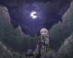  1girl :o ahoge arknights asymmetrical_legwear buttons camera clouds cloudy_sky coat collared_shirt full_body glowing green_eyes grey_hair highres holding holding_camera jokebag lens_(arknights) looking_up moon mountain necktie night outdoors parted_lips pouch red_necktie scene_(arknights) shirt shoes side_ponytail single_sock single_thighhigh sitting sky socks solo thigh-highs white_shirt 