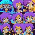  blue_eyes closed_mouth collage datwondoude earrings glasses jewelry looking_at_viewer one_eye_closed open_mouth purple_hair shantae shantae_(series) smile tiara 
