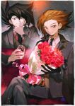  2boys alternate_hairstyle aoki_(fumomo) black_gloves black_hair black_necktie border bouquet brown_eyes brown_hair brown_vest closed_mouth collared_shirt crossed_legs cup drinking_glass flower gloves grey_eyes grey_jacket grey_pants hair_between_eyes highres holding holding_bouquet holding_cup jacket long_sleeves looking_at_viewer male_focus manjoume_jun medium_hair multiple_boys necktie open_clothes open_jacket pants red_flower red_shirt shirt sitting smile spiky_hair vest watch watch white_border white_shirt wine_glass wing_collar yu-gi-oh! yu-gi-oh!_gx yuuki_juudai 