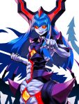  1girl bangs blue_hair breasts centauroid colored_sclera demon_girl demon_horns demon_wings diabolica_dragon_fiend_commander dragon_tail duel_monster highres holding holding_polearm holding_weapon horns long_hair looking_at_viewer pale_skin pointing pointing_at_viewer polearm red_sclera small_breasts smile tail taur very_long_hair weapon white_background wings yellow_eyes yu-gi-oh! zidai_okuraven 