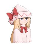  1girl blonde_hair bow bowtie capelet cropped_torso expressionless hat hat_bow highres jitome lily_white long_hair mata_(matasoup) oversized_hat red_bow red_bowtie simple_background solo touhou upper_body white_background 