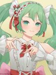  1girl absurdres bare_shoulders bow claudia_katsumoto_(artist) collared_shirt crypton_future_media cute frills green_eyes green_hair hair_bow hatsune_miku heart heart_hands highres looking_at_viewer moe portrait red_bow sega shirt simple_background sleeveless sleeveless_shirt smile solo treble_clef vocaloid yellow_background 