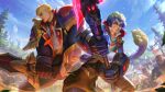  alternate_costume armor basket battle battle_academy_garen battle_academy_wukong blonde_hair blue_eyes blue_hair building clock clock_tower clouds cloudy_sky coat collared_coat collared_shirt delinquent feet_out_of_frame fighting_stance garen_(league_of_legends) gauntlets gloves highres ina_wong league_of_legends looking_to_the_side multicolored_hair muscular muscular_male necktie official_alternate_costume official_art open_clothes open_coat outdoors pants shirt short_hair shoulder_armor shoulder_pads sky smirk spiky_hair splashing staff sword tail teeth thick_eyebrows tower tree weapon white_hair wukong_(league_of_legends) yellow_eyes 