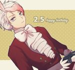  1boy ahoge ascot black_gloves bow bowtie cursed_musician formal gloves grey_eyes happy_birthday highres long_sleeves looking_at_viewer male_focus maou-jou_de_oyasumi multicolored_hair ranchu000 red_suit redhead short_hair simple_background solo streaked_hair suit upper_body white_ascot white_bow white_bowtie yellow_background 