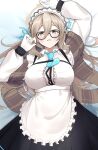  1girl akane_(blue_archive) apron blue_archive blush breasts brown_eyes brown_hair glasses gloves halo highres large_breasts long_hair looking_at_viewer maid_apron maid_headdress necktie solo user_jmgd5247 very_long_hair 
