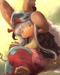  1other :3 absurdres androgynous bangs brown_fur ears_through_headwear fake_horns feet furry helmet highres horizontal_pupils horned_helmet horns looking_at_viewer made_in_abyss nanachi_(made_in_abyss) neru5572_(onerumaster) other_focus puffy_pants sitting tail whiskers white_hair yellow_eyes 