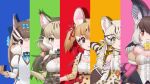  5girls animal_costume animal_ear_fluff animal_ears bad_source black_eyes black_hair brown_eyes brown_hair brown_long-eared_bat_(kemono_friends) closed_mouth geoffroy&#039;s_cat_(kemono_friends) green_eyes jungle_cat_(kemono_friends) kemono_friends kemono_friends_v_project large-spotted_genet_(kemono_friends) long_hair looking_at_viewer microphone multicolored_hair multiple_girls open_mouth ribbon shirt siberian_chipmunk_(kemono_friends) simple_background skirt smile tail virtual_youtuber white_hair yoshizaki_mine 