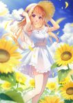  1girl arms_up blonde_hair blue_sky breasts clouds day dress flower hat hat_ribbon indie_virtual_youtuber kochou_cocoa koyama_rikako outdoors petals red_eyes ribbon sky solo standing straw_hat summer sun_hat sundress sunflower virtual_youtuber white_dress 