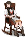  1girl absurdres boots bow brown_hair chair closed_eyes combat_boots dress european_clothes falcon_(girls&#039;_frontline) flat_chest girls_frontline hair_bow highres open_mouth rampart1028 rocking_chair sitting sleeping solo traditional_clothes white_background 