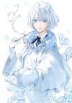  1boy bangs black_bow blue_eyes bow capelet closed_mouth collared_shirt commentary_request crystal gloves grey_hair hair_between_eyes hand_up holding hu_kotora jacket long_sleeves male_focus original shirt smile solo white_background white_capelet white_gloves white_jacket white_shirt wide_sleeves 
