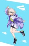  1girl arm_up bangs bike_shorts blue_eyes fanny_pack full_body grey_hair highres idolmaster idolmaster_shiny_colors jacket long_sleeves looking_at_viewer open_clothes open_jacket open_mouth outstretched_arm paper_airplane purple_jacket serizawa_asahi shirt shoes short_hair smile sneakers socks solo soma_(soma404) v white_shirt white_socks 