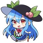  1girl black_headwear blue_hair blue_skirt blush boots bow brown_footwear chibi food fruit full_body hand_on_hilt hand_on_hip highres hinanawi_tenshi long_hair looking_at_viewer open_mouth peach red_bow red_eyes skirt smile solo sword touhou weapon yoriteruru 