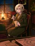  1girl blonde_hair blue_eyes book breast_pocket chair closed_mouth expressionless glasses hunnymzdraws indoors lamp long_sleeves night paper pocket rico_brzenska shingeki_no_kyojin short_hair sitting snow solo table window 