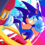  1boy blue_fur game_boy gloves green_eyes handheld_game_console hedgehog highres holding jewelry jiiyawns looking_at_viewer male_focus ring shoes smile sneakers solo sonic_(series) sonic_the_hedgehog tail teeth white_gloves 