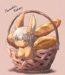  1other absurdres androgynous baguette basket bread bread_bun brown_fur character_name food furry highres in_basket made_in_abyss nanachi_(made_in_abyss) neru5572_(onerumaster) other_focus red_background simple_background sweatdrop whiskers white_hair yellow_eyes 