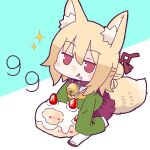  1girl animal_ears bangs bell blonde_hair blue_background borrowed_character brown_collar cake chibi collar commentary_request food food_on_face fox_ears fox_girl fox_tail fruit full_body green_shirt hair_between_eyes hair_bun hair_ornament holding holding_food hyon_(hyon_noyh) jingle_bell kemomimi-chan_(naga_u) licking_lips long_sleeves neck_bell necktie orange_necktie original pleated_skirt purple_footwear purple_skirt sailor_collar shirt sitting skirt sleeves_past_fingers sleeves_past_wrists solo sparkle strawberry tail thigh-highs tongue tongue_out two-tone_background violet_eyes white_background white_sailor_collar white_thighhighs zouri 