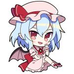  1girl blue_hair blush chibi full_body hat highres looking_at_viewer mob_cap open_mouth pointy_ears puffy_short_sleeves puffy_sleeves red_eyes remilia_scarlet short_sleeves smile smug solo touhou transparent_background wings yoriteruru 