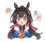  anger_vein animal_ears black_hair blue_eyes clenched_hands gloves grace_(kor)_(racehorse) hair_ornament headband horse_ears horse_girl long_hair looking_at_viewer low_twintails open_mouth original portrait simple_background twintails umamusume white_background 